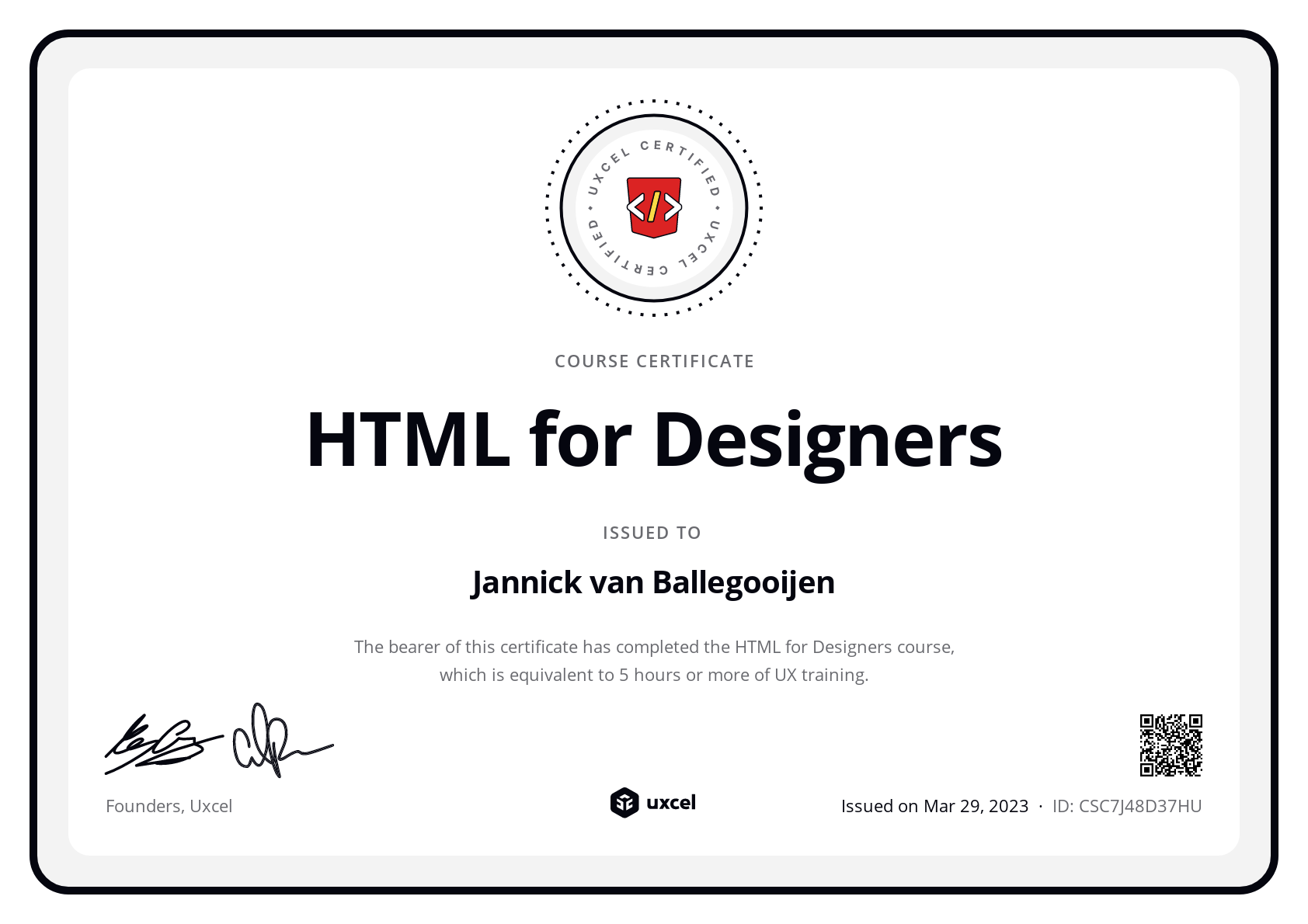 Jannick van Ballegooijen's certificate